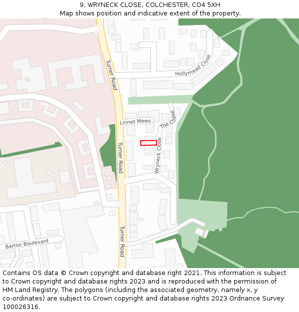 9, WRYNECK CLOSE, COLCHESTER, CO4 5XH: Location map and indicative extent of plot