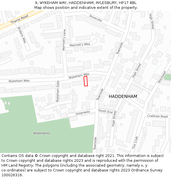 9, WYKEHAM WAY, HADDENHAM, AYLESBURY, HP17 8BL: Location map and indicative extent of plot