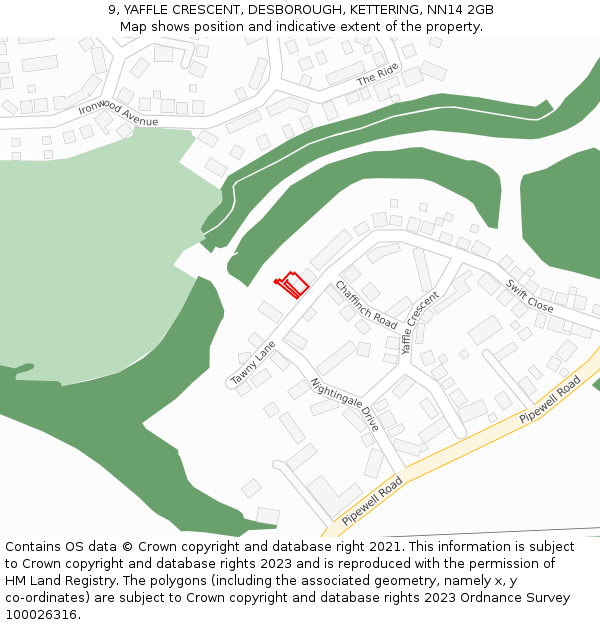 9, YAFFLE CRESCENT, DESBOROUGH, KETTERING, NN14 2GB: Location map and indicative extent of plot