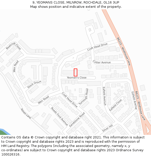 9, YEOMANS CLOSE, MILNROW, ROCHDALE, OL16 3UP: Location map and indicative extent of plot