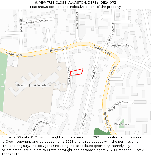 9, YEW TREE CLOSE, ALVASTON, DERBY, DE24 0PZ: Location map and indicative extent of plot