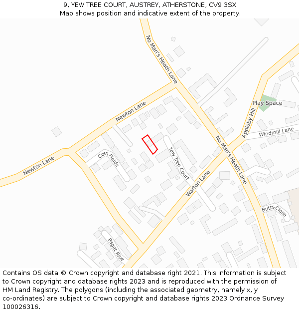 9, YEW TREE COURT, AUSTREY, ATHERSTONE, CV9 3SX: Location map and indicative extent of plot