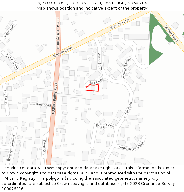 9, YORK CLOSE, HORTON HEATH, EASTLEIGH, SO50 7PX: Location map and indicative extent of plot