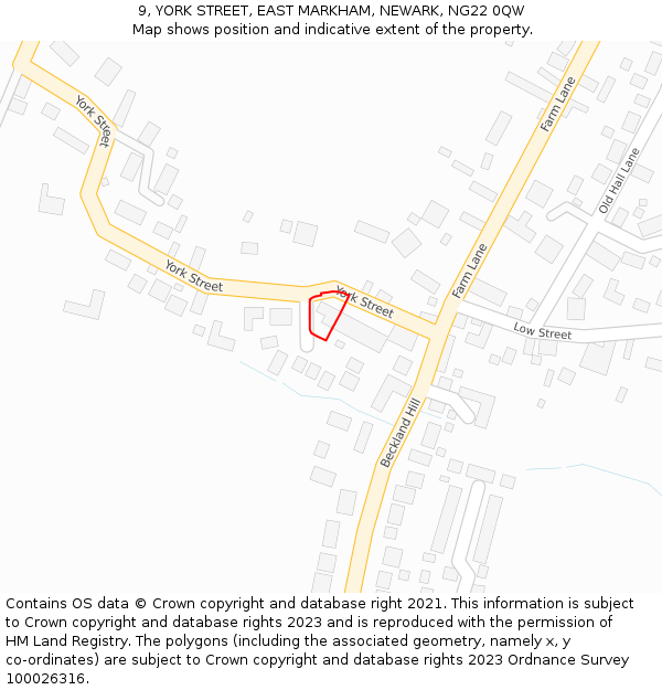 9, YORK STREET, EAST MARKHAM, NEWARK, NG22 0QW: Location map and indicative extent of plot