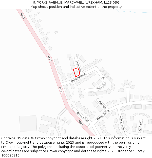 9, YORKE AVENUE, MARCHWIEL, WREXHAM, LL13 0SG: Location map and indicative extent of plot