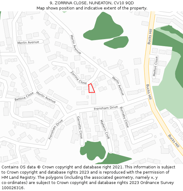 9, ZORRINA CLOSE, NUNEATON, CV10 9QD: Location map and indicative extent of plot