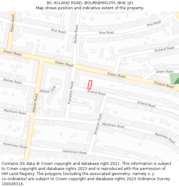 90, ACLAND ROAD, BOURNEMOUTH, BH9 1JH: Location map and indicative extent of plot