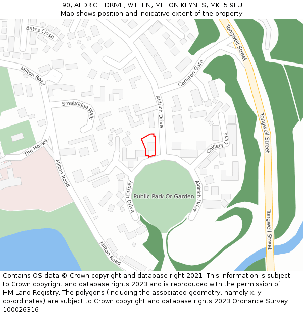 90, ALDRICH DRIVE, WILLEN, MILTON KEYNES, MK15 9LU: Location map and indicative extent of plot