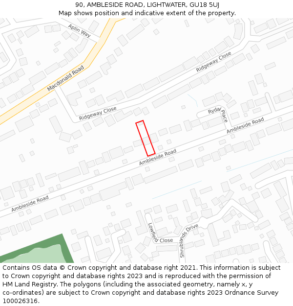 90, AMBLESIDE ROAD, LIGHTWATER, GU18 5UJ: Location map and indicative extent of plot