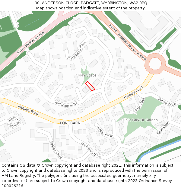 90, ANDERSON CLOSE, PADGATE, WARRINGTON, WA2 0PQ: Location map and indicative extent of plot