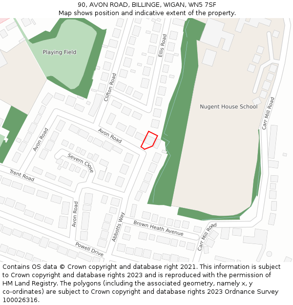 90, AVON ROAD, BILLINGE, WIGAN, WN5 7SF: Location map and indicative extent of plot