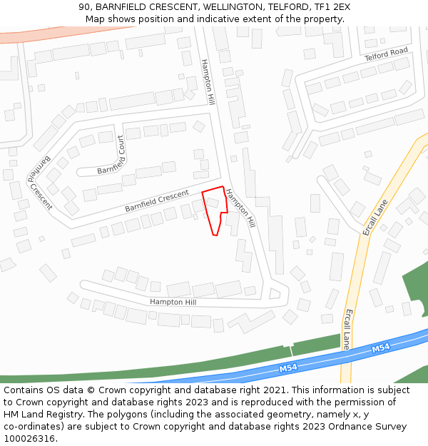 90, BARNFIELD CRESCENT, WELLINGTON, TELFORD, TF1 2EX: Location map and indicative extent of plot