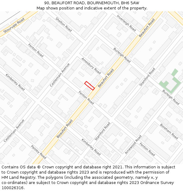 90, BEAUFORT ROAD, BOURNEMOUTH, BH6 5AW: Location map and indicative extent of plot