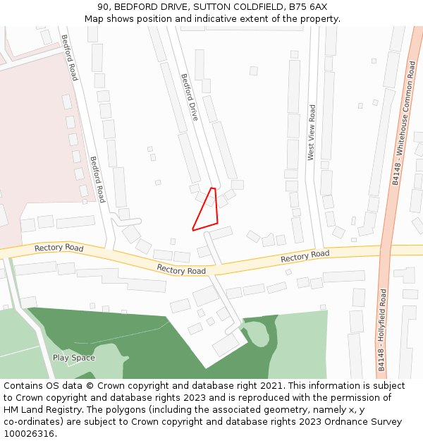 90, BEDFORD DRIVE, SUTTON COLDFIELD, B75 6AX: Location map and indicative extent of plot