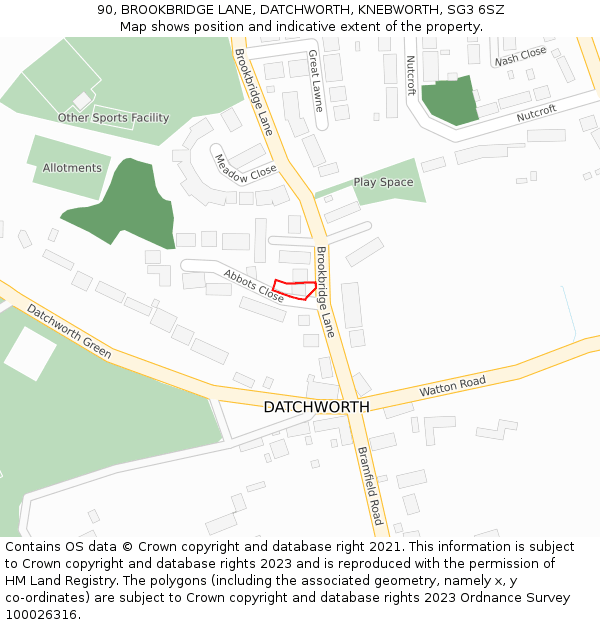 90, BROOKBRIDGE LANE, DATCHWORTH, KNEBWORTH, SG3 6SZ: Location map and indicative extent of plot