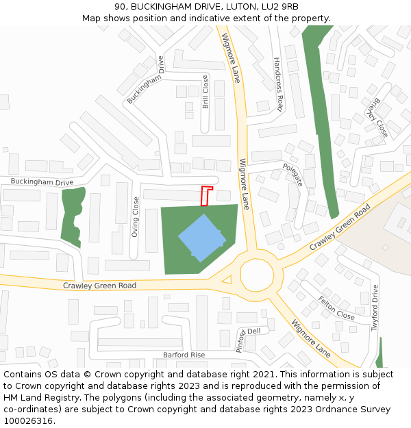 90, BUCKINGHAM DRIVE, LUTON, LU2 9RB: Location map and indicative extent of plot