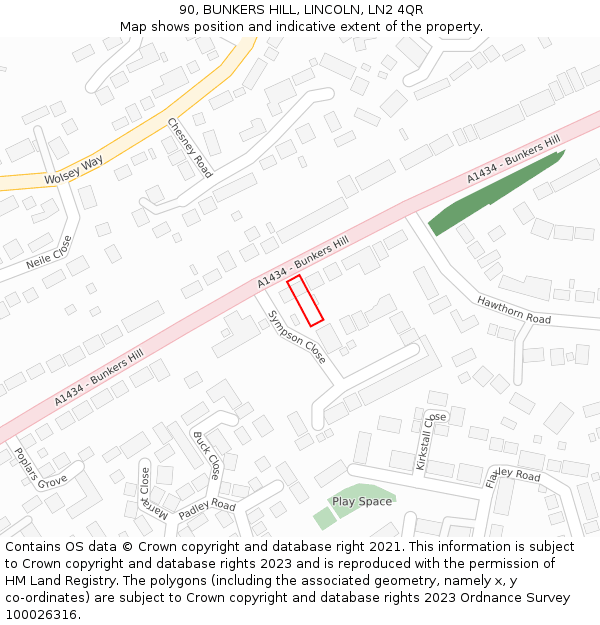 90, BUNKERS HILL, LINCOLN, LN2 4QR: Location map and indicative extent of plot