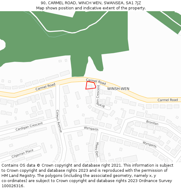 90, CARMEL ROAD, WINCH WEN, SWANSEA, SA1 7JZ: Location map and indicative extent of plot