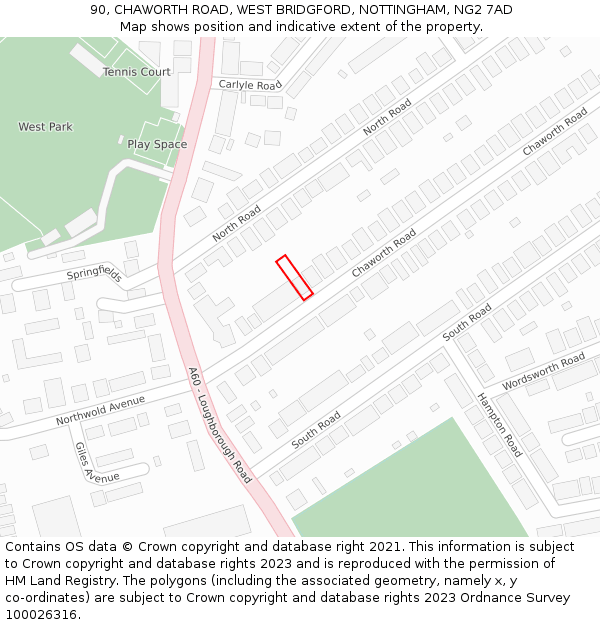 90, CHAWORTH ROAD, WEST BRIDGFORD, NOTTINGHAM, NG2 7AD: Location map and indicative extent of plot