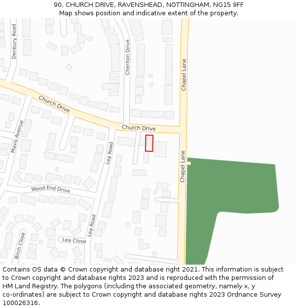 90, CHURCH DRIVE, RAVENSHEAD, NOTTINGHAM, NG15 9FF: Location map and indicative extent of plot
