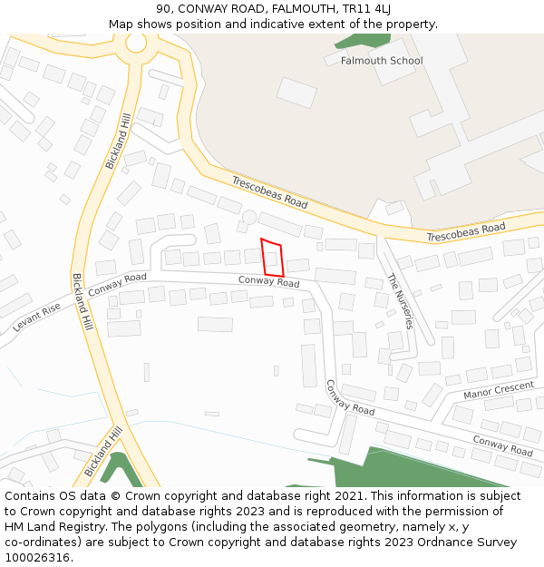 90, CONWAY ROAD, FALMOUTH, TR11 4LJ: Location map and indicative extent of plot