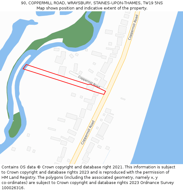 90, COPPERMILL ROAD, WRAYSBURY, STAINES-UPON-THAMES, TW19 5NS: Location map and indicative extent of plot