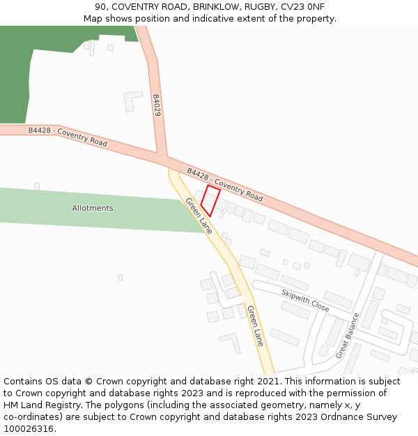 90, COVENTRY ROAD, BRINKLOW, RUGBY, CV23 0NF: Location map and indicative extent of plot