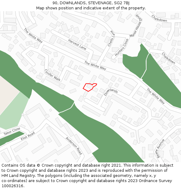 90, DOWNLANDS, STEVENAGE, SG2 7BJ: Location map and indicative extent of plot