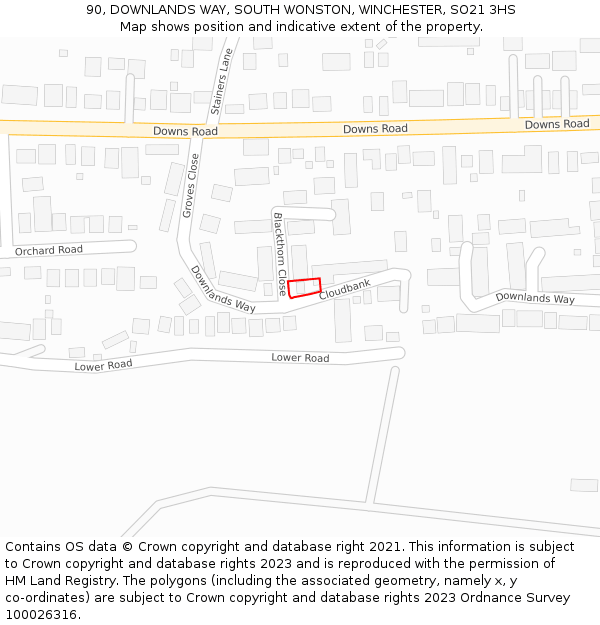 90, DOWNLANDS WAY, SOUTH WONSTON, WINCHESTER, SO21 3HS: Location map and indicative extent of plot