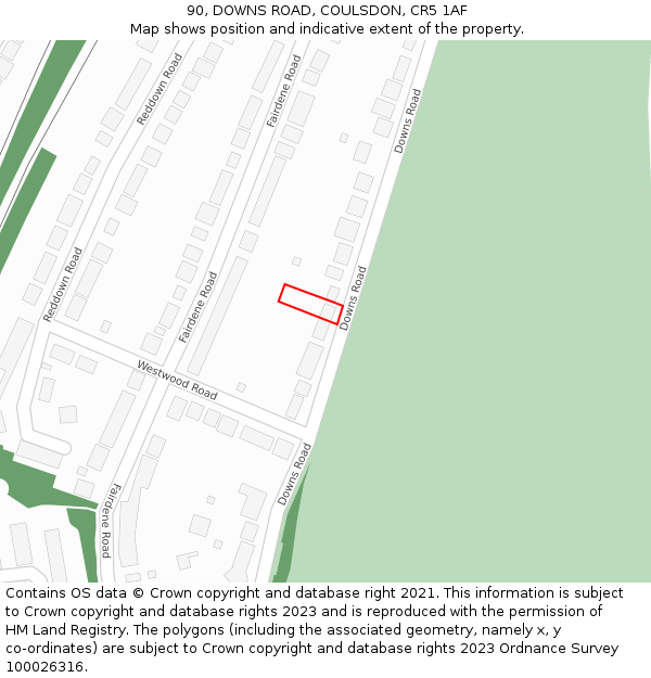 90, DOWNS ROAD, COULSDON, CR5 1AF: Location map and indicative extent of plot