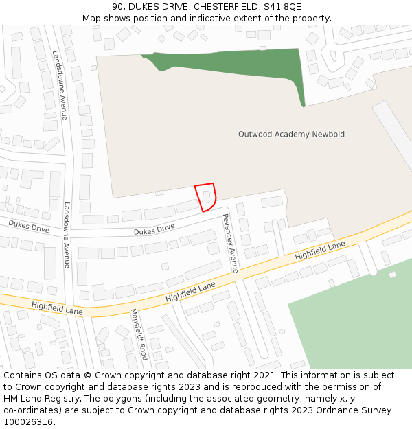 90, DUKES DRIVE, CHESTERFIELD, S41 8QE: Location map and indicative extent of plot