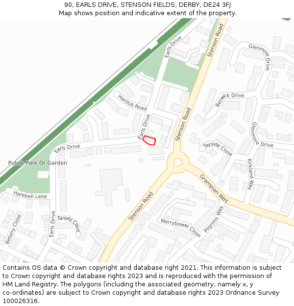 90, EARLS DRIVE, STENSON FIELDS, DERBY, DE24 3FJ: Location map and indicative extent of plot