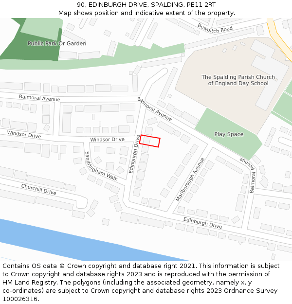 90, EDINBURGH DRIVE, SPALDING, PE11 2RT: Location map and indicative extent of plot