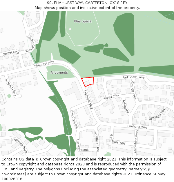 90, ELMHURST WAY, CARTERTON, OX18 1EY: Location map and indicative extent of plot