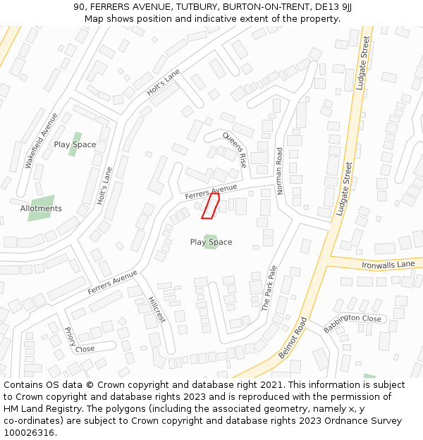 90, FERRERS AVENUE, TUTBURY, BURTON-ON-TRENT, DE13 9JJ: Location map and indicative extent of plot