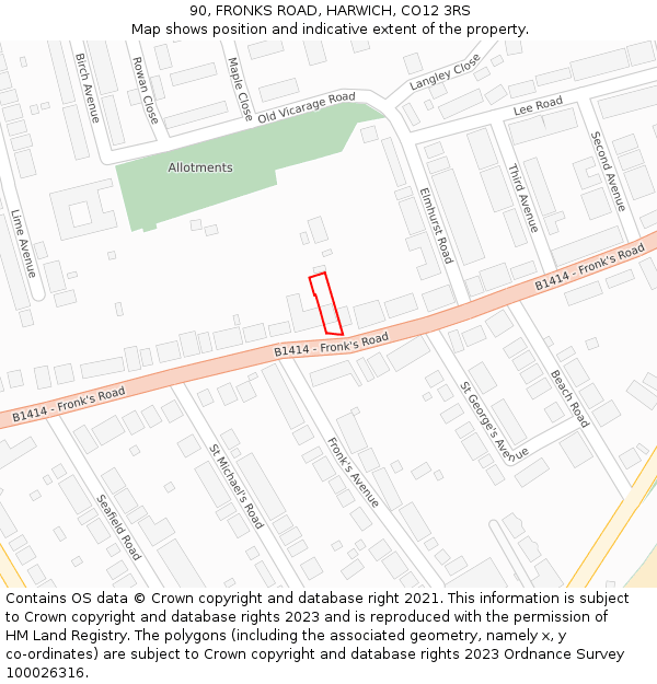 90, FRONKS ROAD, HARWICH, CO12 3RS: Location map and indicative extent of plot