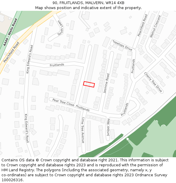 90, FRUITLANDS, MALVERN, WR14 4XB: Location map and indicative extent of plot