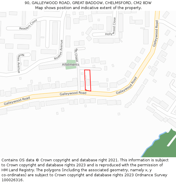90, GALLEYWOOD ROAD, GREAT BADDOW, CHELMSFORD, CM2 8DW: Location map and indicative extent of plot