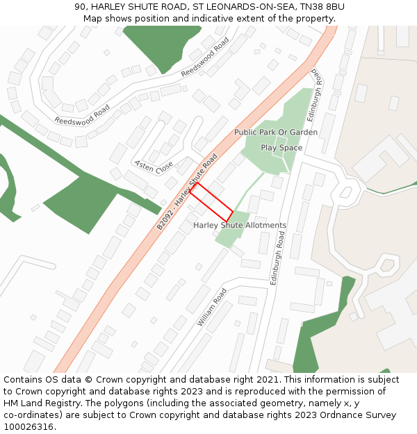 90, HARLEY SHUTE ROAD, ST LEONARDS-ON-SEA, TN38 8BU: Location map and indicative extent of plot