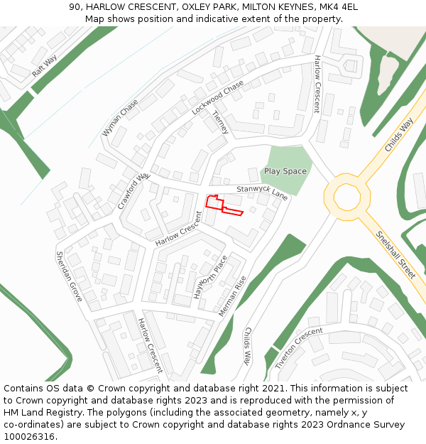 90, HARLOW CRESCENT, OXLEY PARK, MILTON KEYNES, MK4 4EL: Location map and indicative extent of plot