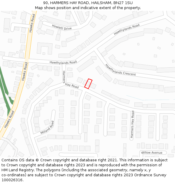 90, HARMERS HAY ROAD, HAILSHAM, BN27 1SU: Location map and indicative extent of plot