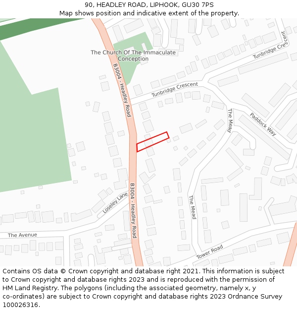90, HEADLEY ROAD, LIPHOOK, GU30 7PS: Location map and indicative extent of plot
