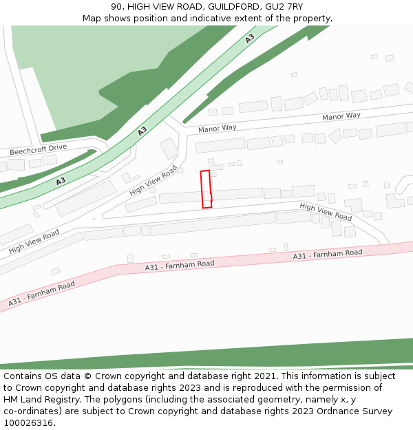 90, HIGH VIEW ROAD, GUILDFORD, GU2 7RY: Location map and indicative extent of plot