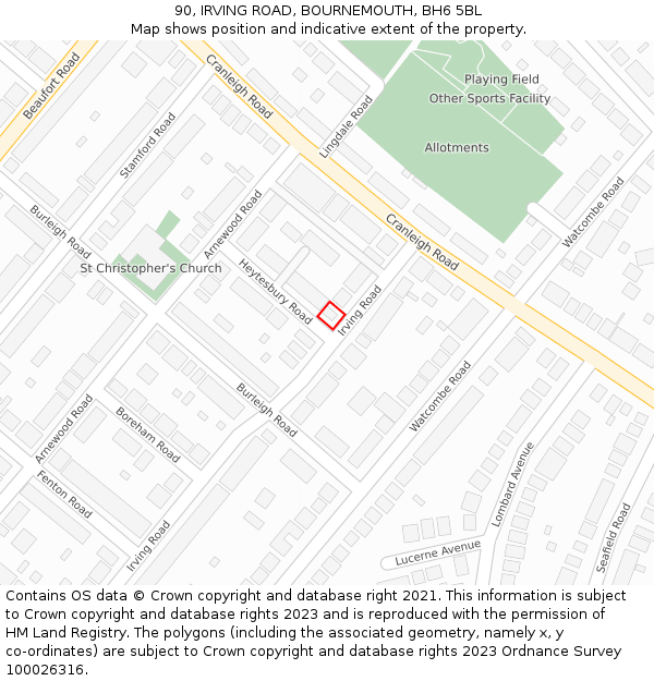 90, IRVING ROAD, BOURNEMOUTH, BH6 5BL: Location map and indicative extent of plot