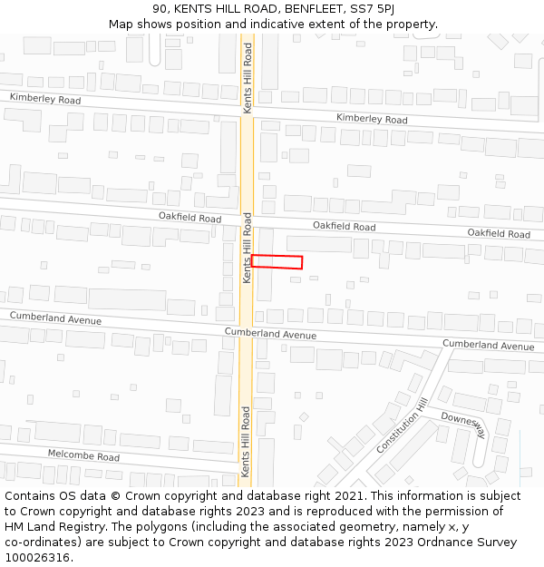 90, KENTS HILL ROAD, BENFLEET, SS7 5PJ: Location map and indicative extent of plot