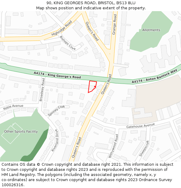 90, KING GEORGES ROAD, BRISTOL, BS13 8LU: Location map and indicative extent of plot