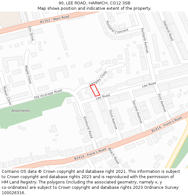 90, LEE ROAD, HARWICH, CO12 3SB: Location map and indicative extent of plot