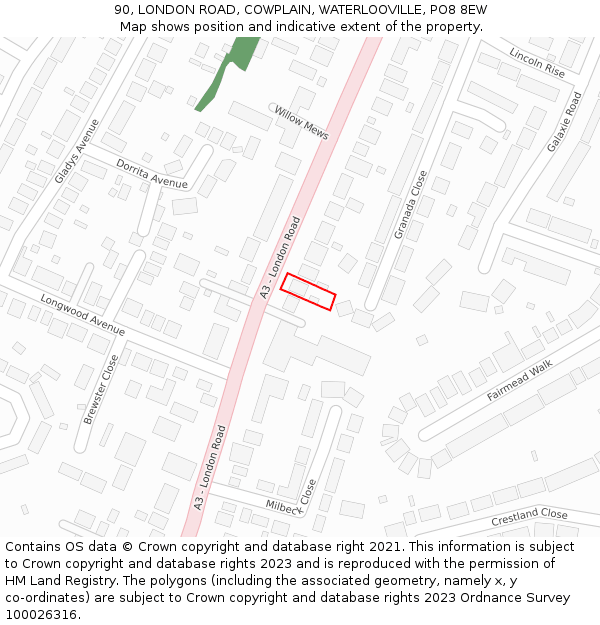 90, LONDON ROAD, COWPLAIN, WATERLOOVILLE, PO8 8EW: Location map and indicative extent of plot