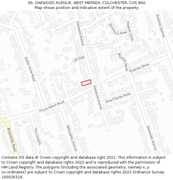 90, OAKWOOD AVENUE, WEST MERSEA, COLCHESTER, CO5 8AX: Location map and indicative extent of plot