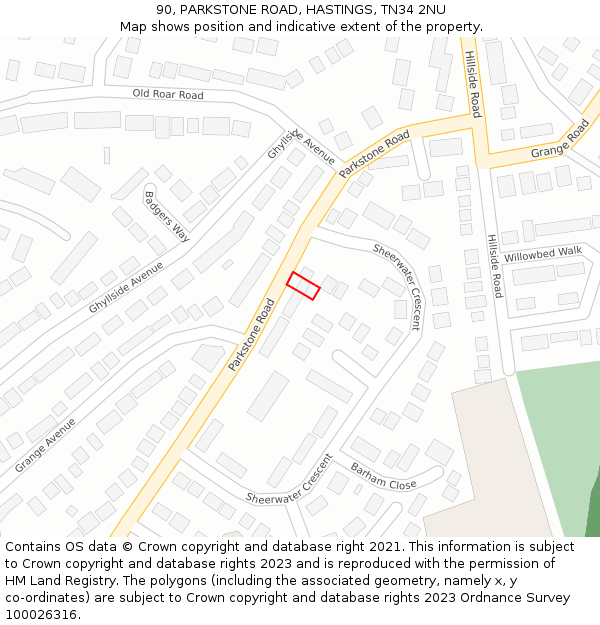 90, PARKSTONE ROAD, HASTINGS, TN34 2NU: Location map and indicative extent of plot